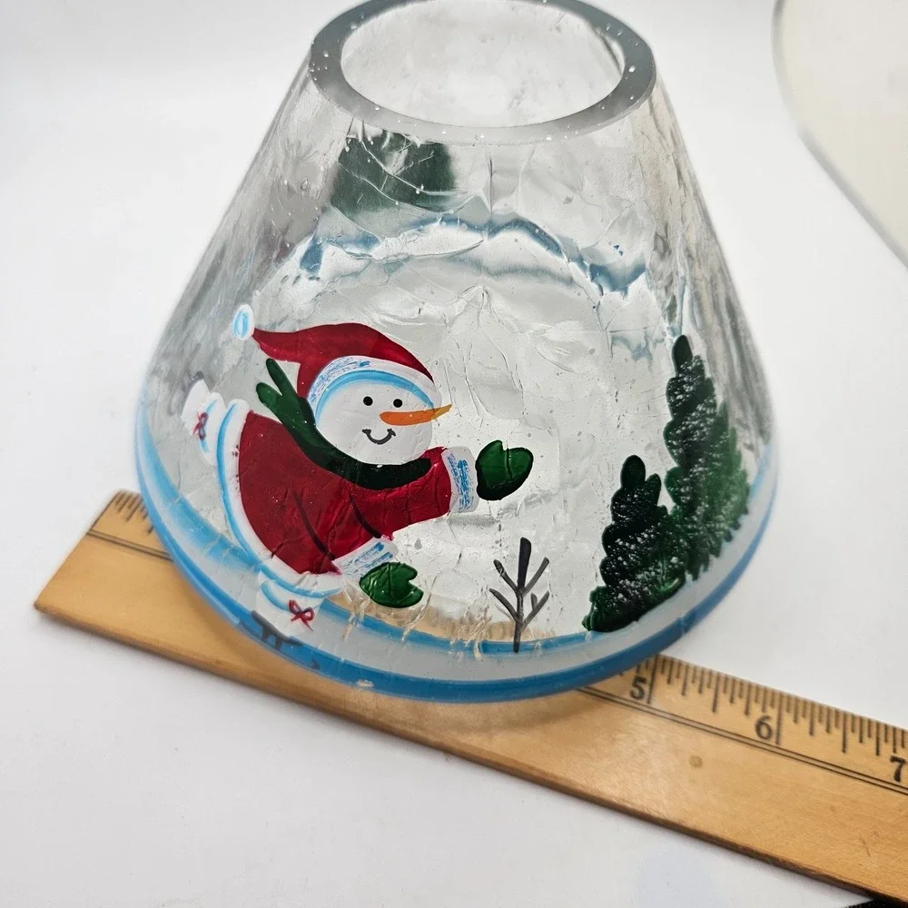 Hand Painted  Crackle Glass Candle Lamp Shade Snowman Church Winter Scene